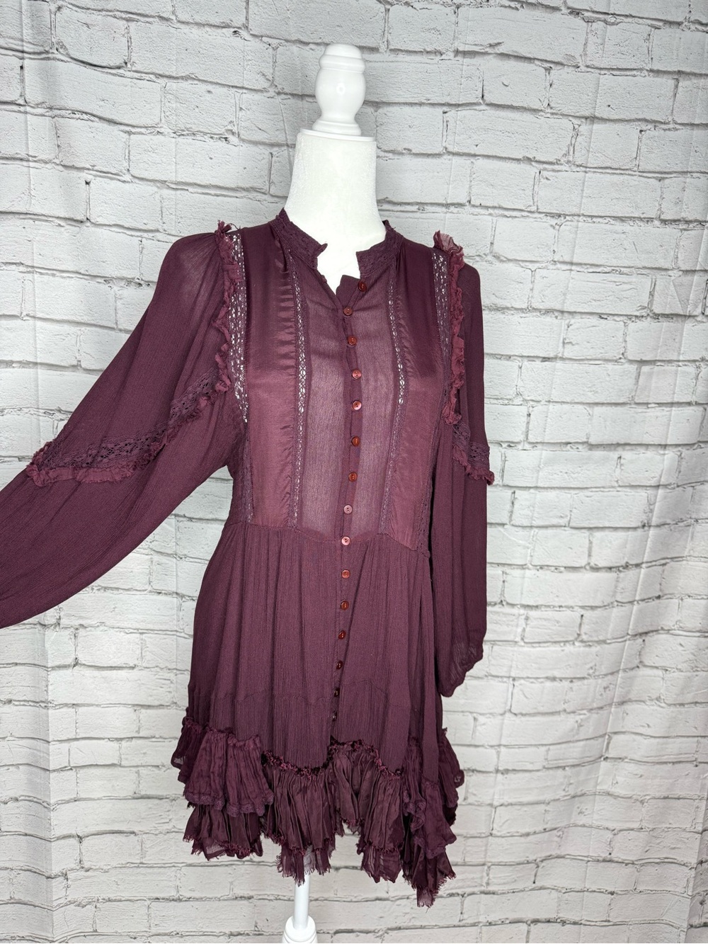 Free People Ambrosia Mini Dress Size M Plum Burgundy Ruffles Boho Cottagecore - Picture 3 of 10
